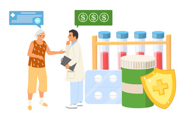 Sad old woman patient talking with doctor pharmacist about high price on medicines vector illustration. Financial expenses on prescribed pills and expensive medicine concept