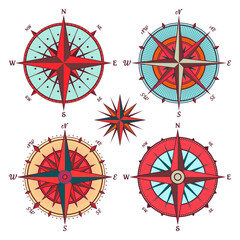 Vintage marine wind rose, nautical chart. Colorful navigational compass with cardinal directions of North, East, South, West. Geographical position, cartography and navigation. Vector illustration