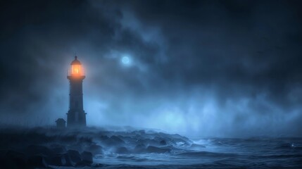 Foggy beach with a glowing lighthouse, creating a spooky atmosphere with ample space for Halloween text foggy beach, glowing lighthouse, spooky atmosphere