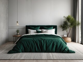 A Modern Bedroom with Green Bedding and a Palm Tree