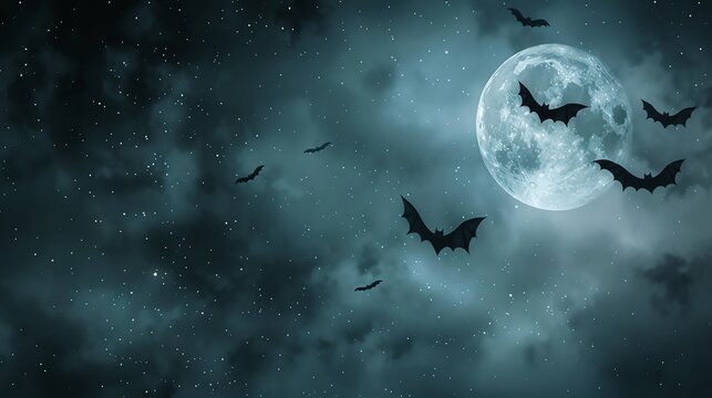 Full moon with bats flying across a starry night sky, creating a gothic and eerie Halloween scene with a clear area for messages full moon, bats, starry night, gothic Halloween