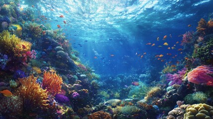 Fototapeta premium Vibrant Underwater Coral Reef Ecosystem with Fish