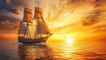 Obraz premium Sailing Ship at Sunset with Golden Sky and Rippling Water