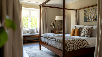 Cozy Bedroom Interior with Wooden Canopy Bed, Natural Light, and Floral Pattern Bedding - Realistic Photo