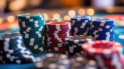 Naklejka premium Stacks of colorful casino chips on a green felt table.