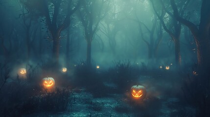 Dark forest with glowing pumpkins and eerie mist, creating a magical and spooky atmosphere with ample space for Halloween text dark forest, glowing pumpkins, eerie mist