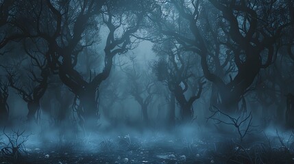 Naklejka premium Dark forest with dense fog and twisted trees, giving a mysterious and haunted vibe, perfect for a ghostly Halloween text overlay dark forest, dense fog, twisted trees, haunted vibe