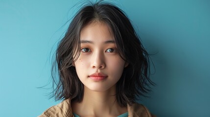 Fototapeta premium Young Asian Student Posing on Blue Background in 8K Realistic Lighting