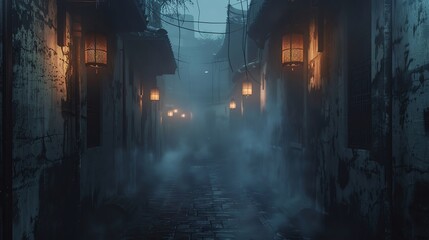 Dark alley with flickering lanterns and fog, creating a spooky atmosphere with space for Halloween messages dark alley, flickering lanterns, foggy atmosphere