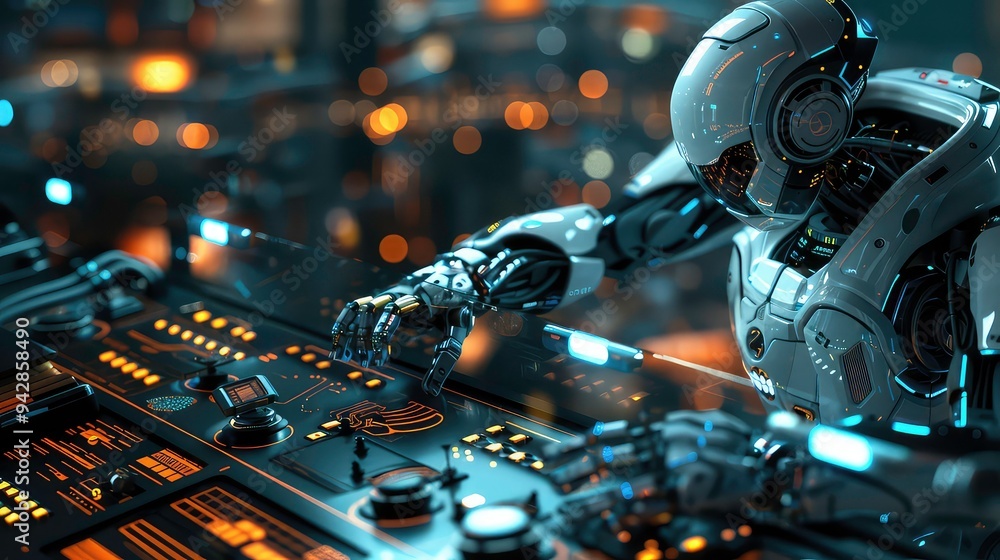 Poster a futuristic robot with a glowing visor sits at a control panel, manipulating a glowing screen with 