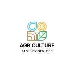 Agriculture logo with four elements, soil, leaf, water, and sun in simple line style. Creative farm logo vector illustration