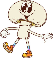 Groovy mushroom vegetable retro character. Isolated cartoon vector vintage cheerful champignon fungus personage with expressive eyes, wearing orange sneakers, walking with a happy and relaxed demeanor