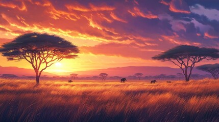 Fototapeta premium A vast savannah landscape with acacia trees under a dramatic sunset, offering space for text. Great for wildlife, adventure, or travel promotions.