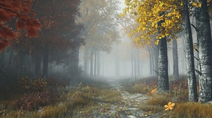 A wide perspective of a misty forest in autumn, leaving room for text in the foreground. Great for seasonal, nature, or outdoor activity promotions.