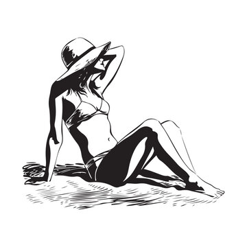 woman sunbathing monochrome beach scene clip art preview