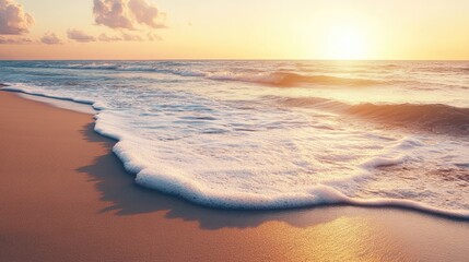 Obraz premium A wide, sandy beach at sunset with gentle waves rolling in, leaving plenty of space for text. Perfect for vacation, relaxation, or summer