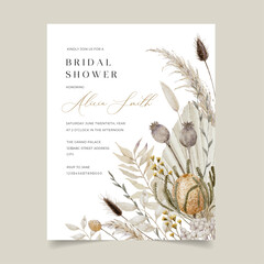 Australian Native Flower Bridal Shower Invitation Banksia with Dried Palm Leaves, Pampas Grass and Other Dried Floral
