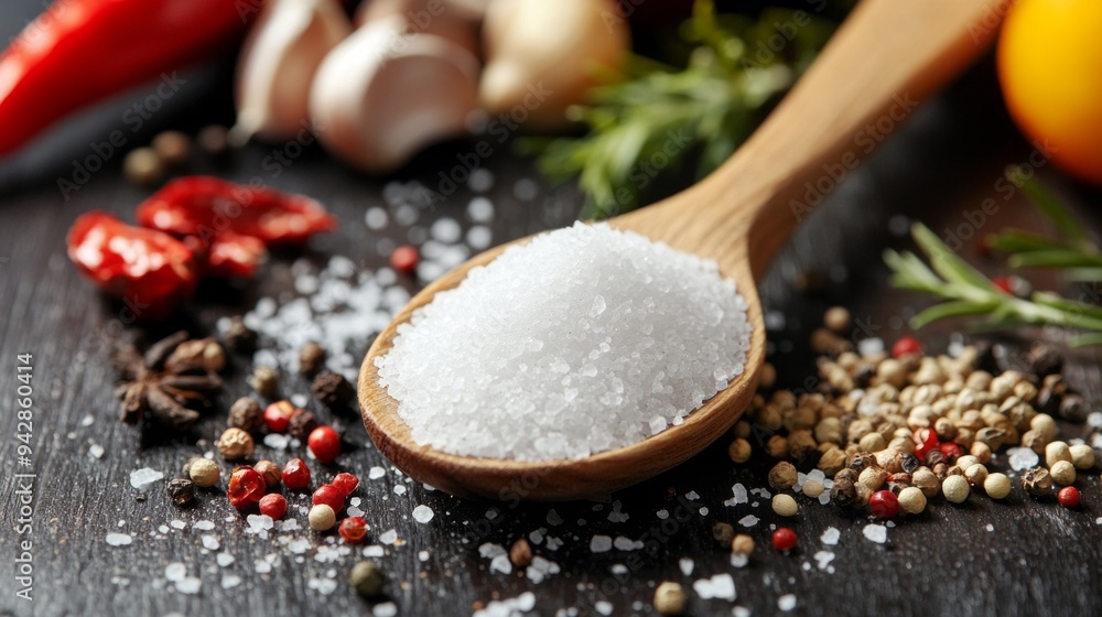 Poster a spoonful of salt is on a table with other spices