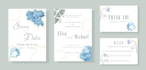 Floral template in a set of four sheets for the wedding celebration party. Delicate hand-drawn African violets and their contour on plain backgrounds. Elegant cards for any celebration party.