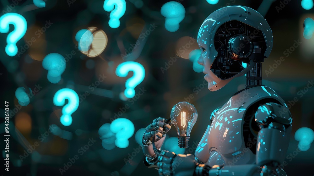 Poster a white, metallic robot with glowing circuits holds a light bulb in one hand and stands in front of 