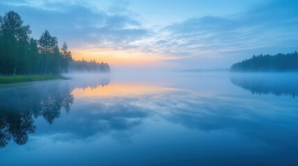 Fototapeta premium Drifting fog over a still lake at dawn, foggy weather, calm and ethereal