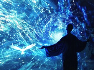 swirling luminous mass floating around in 3d with hexagonal jesus Look at the birds of the air 