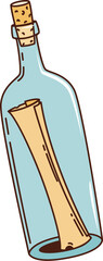 Cartoon glass bottle with a letter, retro cartoon groovy pirate and corsair flask tossed by the sea, clutches a mysterious message. Isolated vector bottle with secret map or note, from adventure story