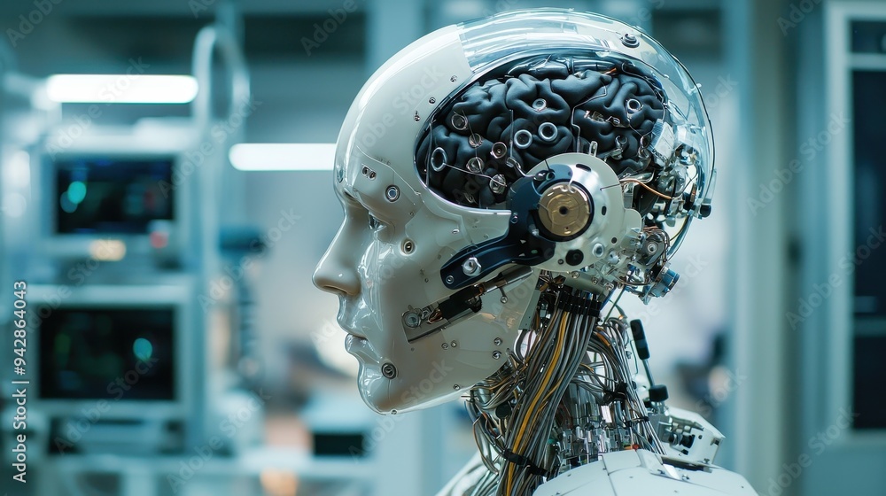 Poster futuristic android head with advanced circuits and technology
