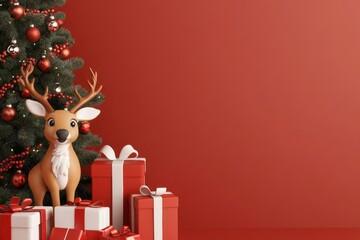 Playful reindeer with wrapped presents, under a decorated Christmas tree, 3D illustration