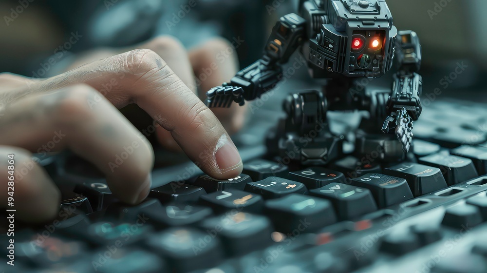 Poster a robotic hand interacts with a human hand pressing a key on a keyboard.