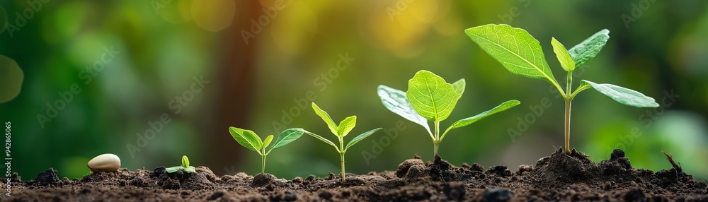 Wall mural agriculture plant seeding growing step concept in garden and warm morning sunlight	