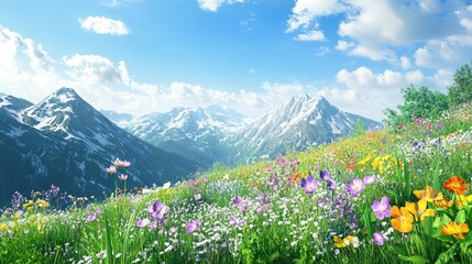 Fototapeta premium A tranquil mountain meadow with wildflowers in full bloom, offering space for text above. Perfect for nature, relaxation, or eco-tourism themes.