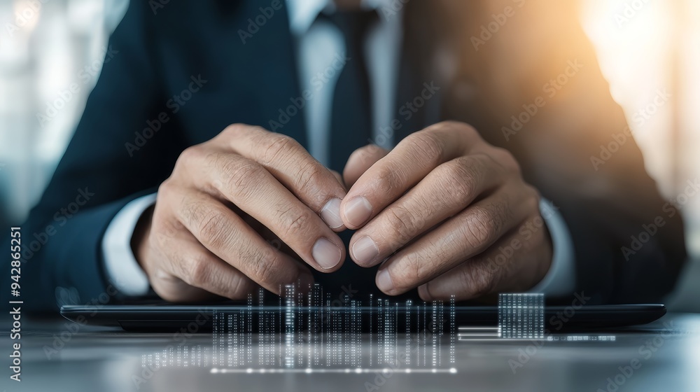 Poster a businessman analyzing data on a tablet, focusing on digital graphs and information in a modern off