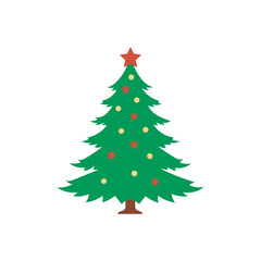 Fototapeta premium Cartoon abstract christmas tree with stars and balls vector, Christmas Tree Color Flat Icon, merry xmas celebration happy new year decoration vector illustration.