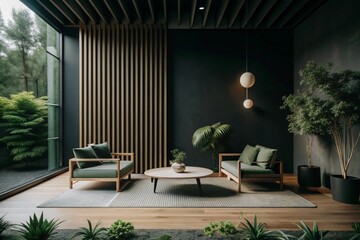 Espacio interior minimalista con una sala de estar y un jardín