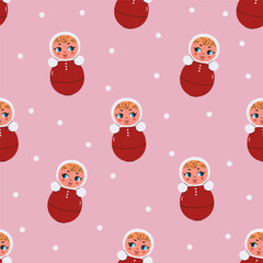 Seamless pattern of cute soviet tumbler dolls. Vector graphics.