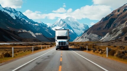 A stunning view of a truck driving through a scenic road surrounded by majestic mountains and a clear blue sky.