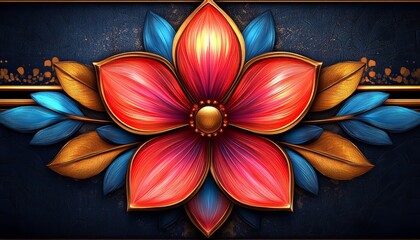 A Golden-rimmed Red Flower with Blue and Gold Leaves on a Dark Background