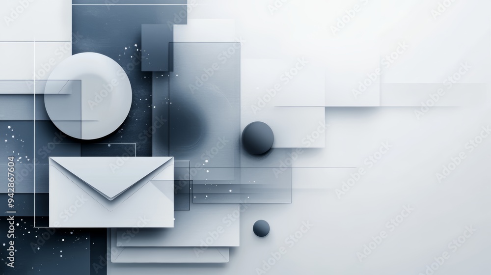 Poster abstract digital background with geometric shapes, circles, and an envelope in a modern design. perf