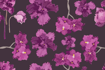 Seamless pattern with hand-drawn African violet flowers. Delicate house plants are isolated on the dark background. Seamless pattern for fabric print, package design, brochure or any design ideas.