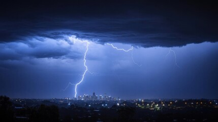Thunderstorm with lightning striking a distant city skyline, extreme weather, electrifying atmosphere