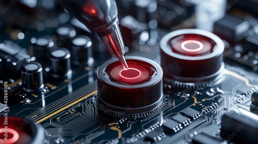 Poster close-up of a technician working on a circuit board, focusing on intricate electronic components wit