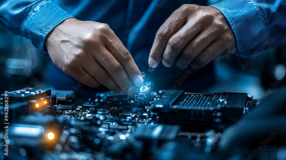 Aufkleber close-up of hands assembling electronic components on a circuit board, showcasing precision and atte
