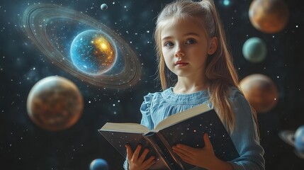 A young girl reading a book, surrounded by a cosmic scene filled with planets and stars, evoking a...