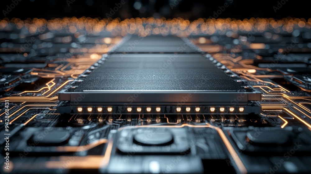 Poster close-up view of a modern circuit board, showcasing intricate details and glowing pathways, represen