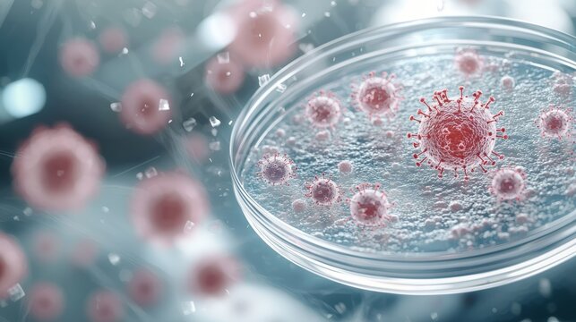 Close-up view of viruses in a petri dish, showcasing microbiological research and the intricate details of viral structures.