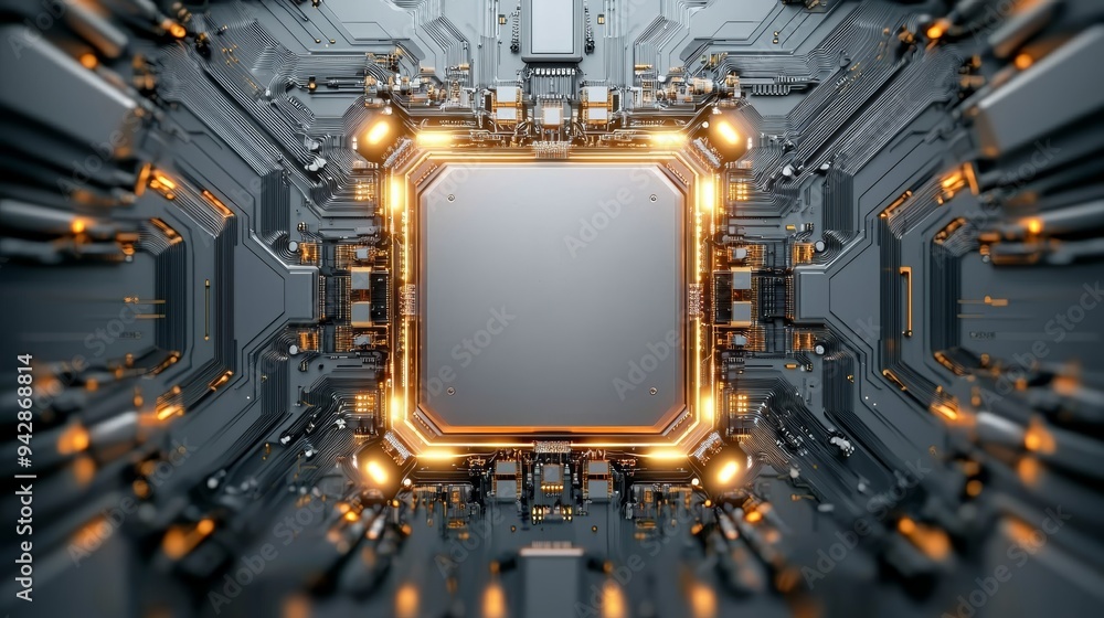 Poster intricate computer chip design showcasing wires and circuitry, illuminated by glowing lights, highli