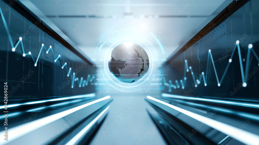Poster futuristic digital landscape with glowing lines, a central globe, and dynamic data visualizations fo