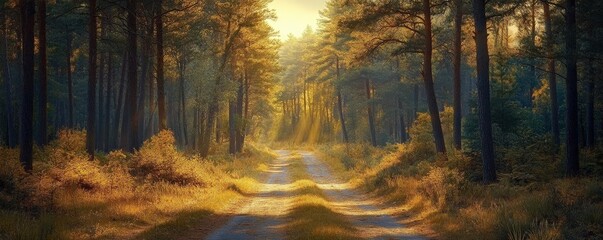 Fototapeta premium Sunlight filtering through pine trees onto a quiet forest road, tranquil and scenic