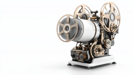 Obraz premium Vintage film projector showcasing intricate mechanical design and retro style, perfect for cinema history enthusiasts.